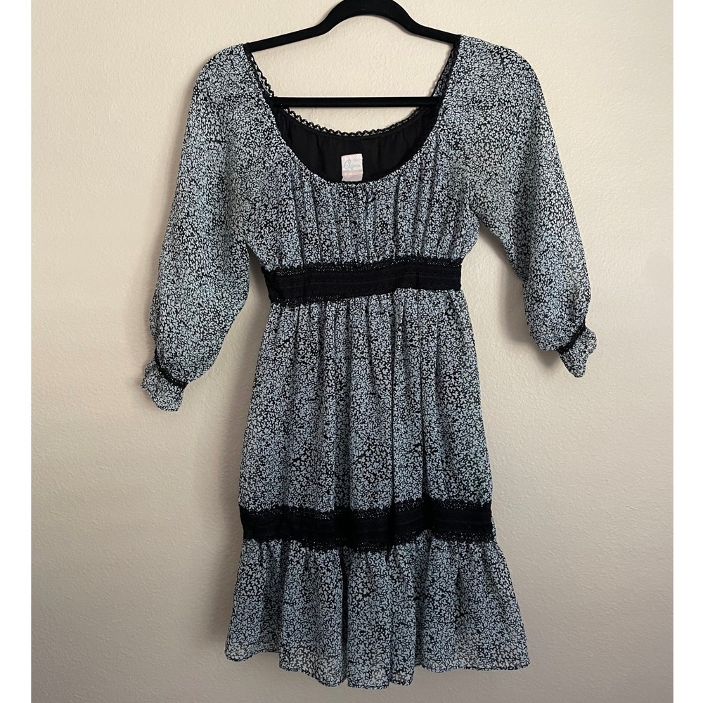 VTG Y2K Black Micro Floral Lace Trim Babydoll‎ Dress Tiered Coquette Milkmaid XS